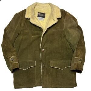 Oakbrook Sportswear Vintage 70s Suede Leather Coat Sherpa Trim Lining Green